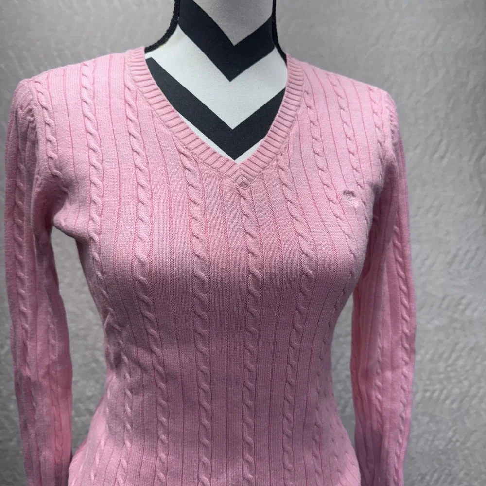 IZOD Womens Pink V-Neck Cable Knit 100% Cotton Sweater Size Small RN 36543